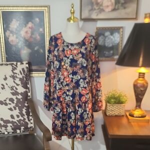 Studio B Navy Floral Long Sleeve Smock Dress with Orange Roses